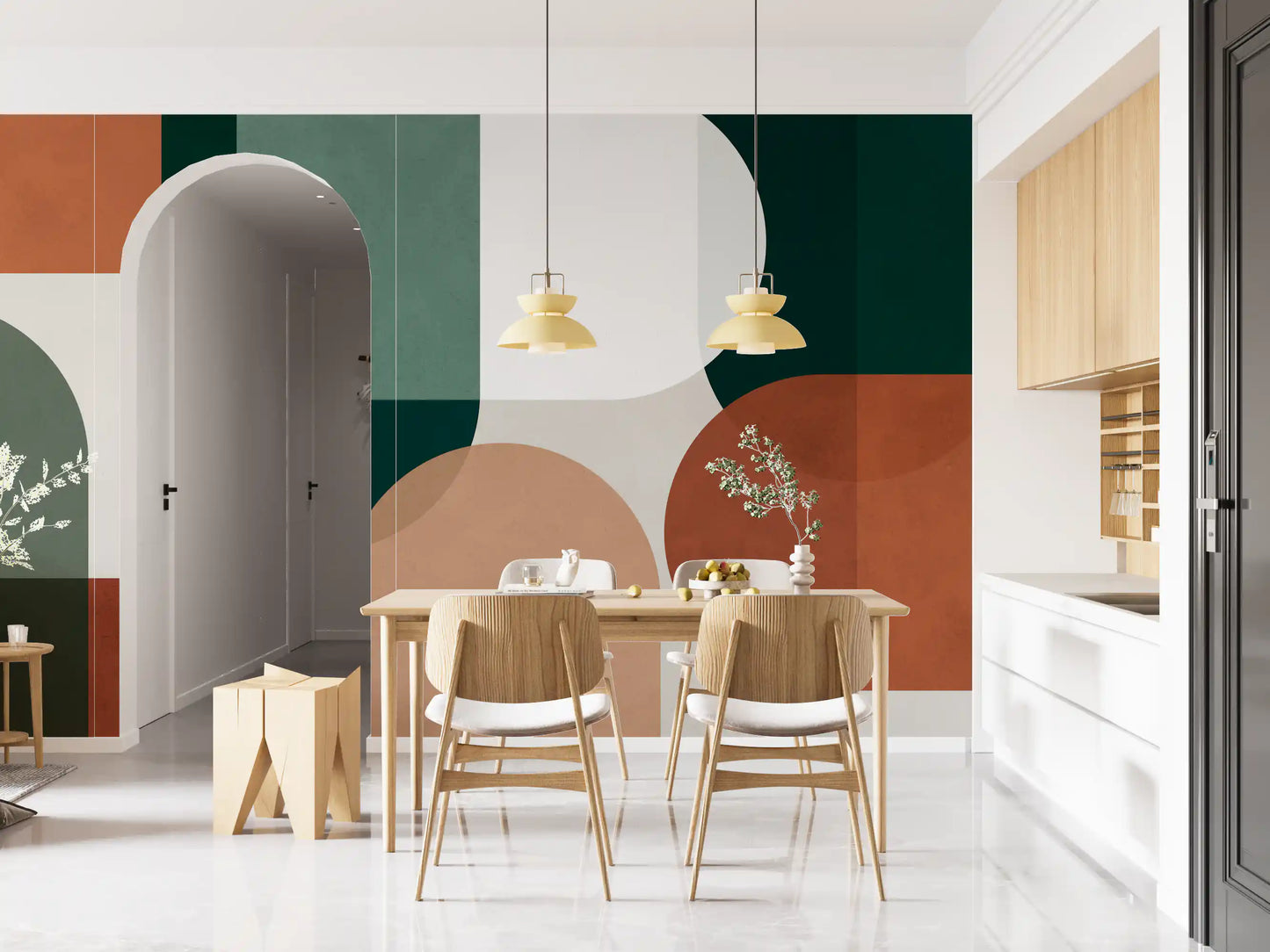 Dining room wall mural showing Modernist Earthy Geometry in rust and tan tones