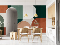 Dining room wall mural showing Modernist Earthy Geometry in rust and tan tones