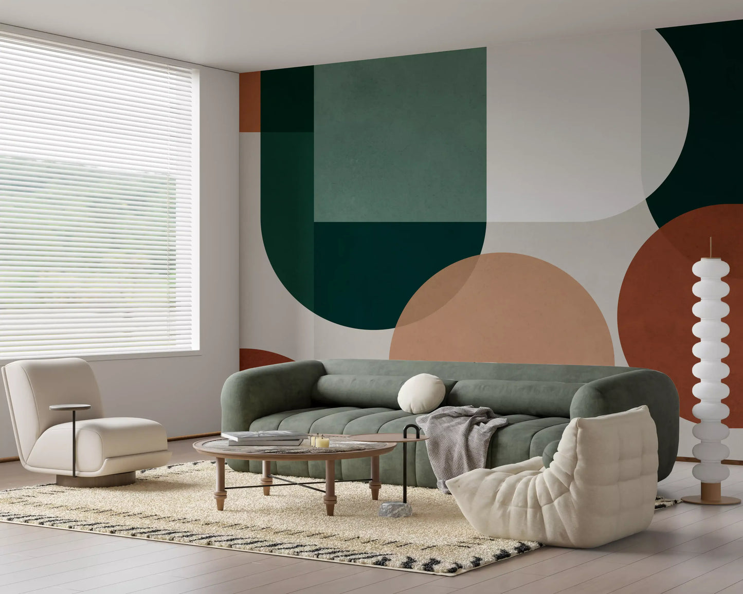 Living room wall mural with earthy geometry, green forms, and clay accents