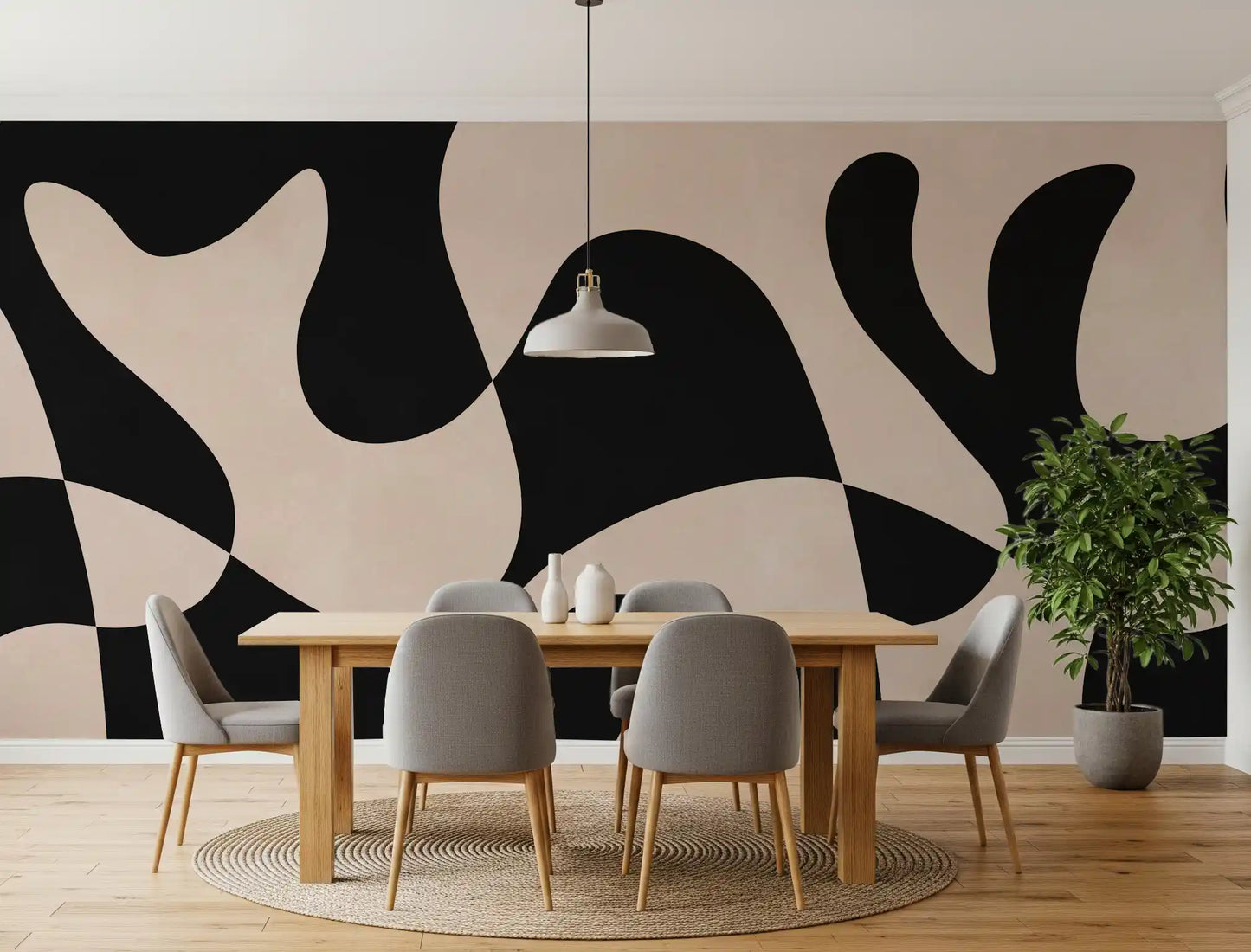 Flowing black forms create this Organic Flow monochromatic wall mural