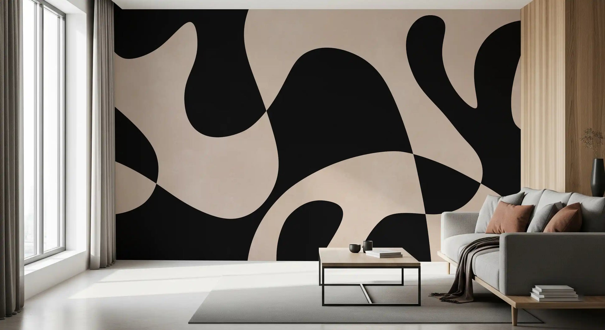 Abstract wall mural showing fluid black silhouettes in a balanced layout