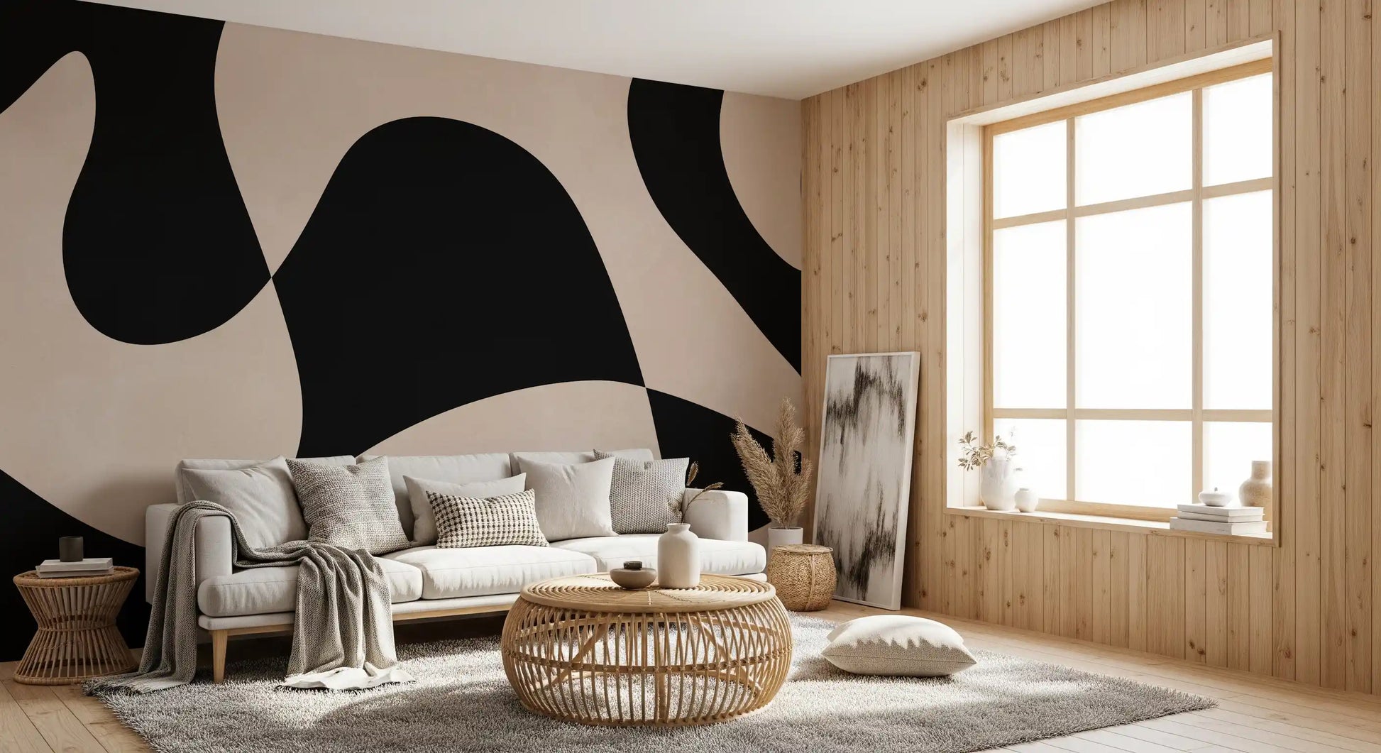 Organic shape mural with bold contrast and soft monochrome movement