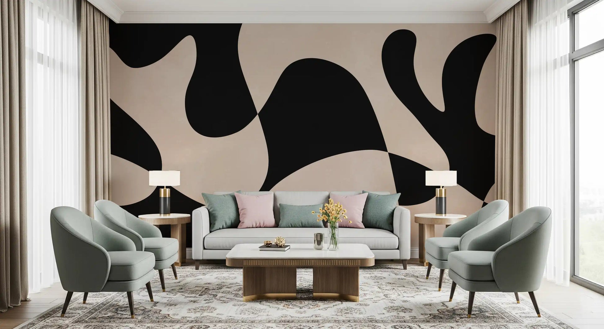 Monochromatic wall mural with sculpted organic curves and open cream space