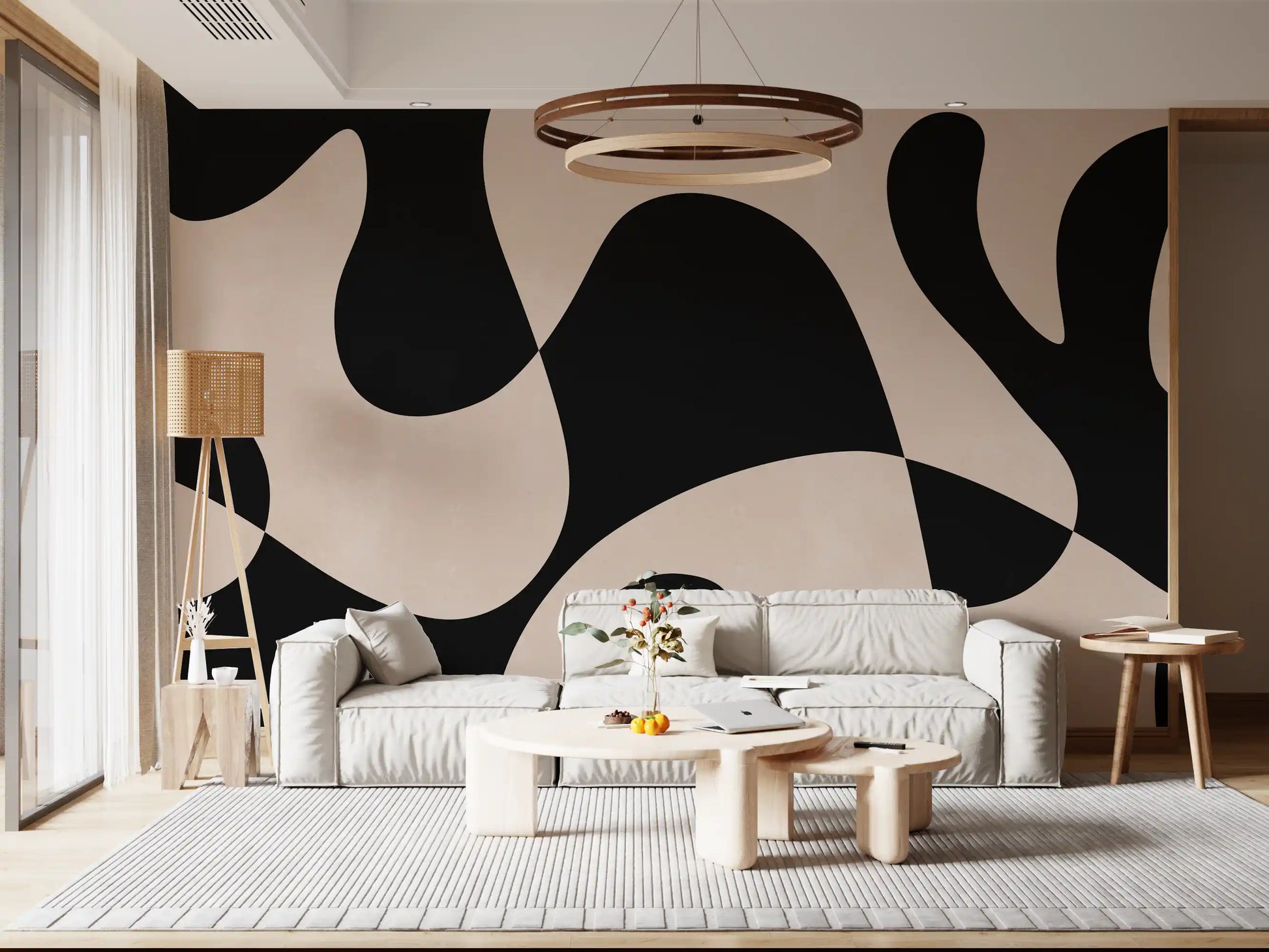 Living room Organic Flow Monochromatic Wall Mural in bold abstract styling