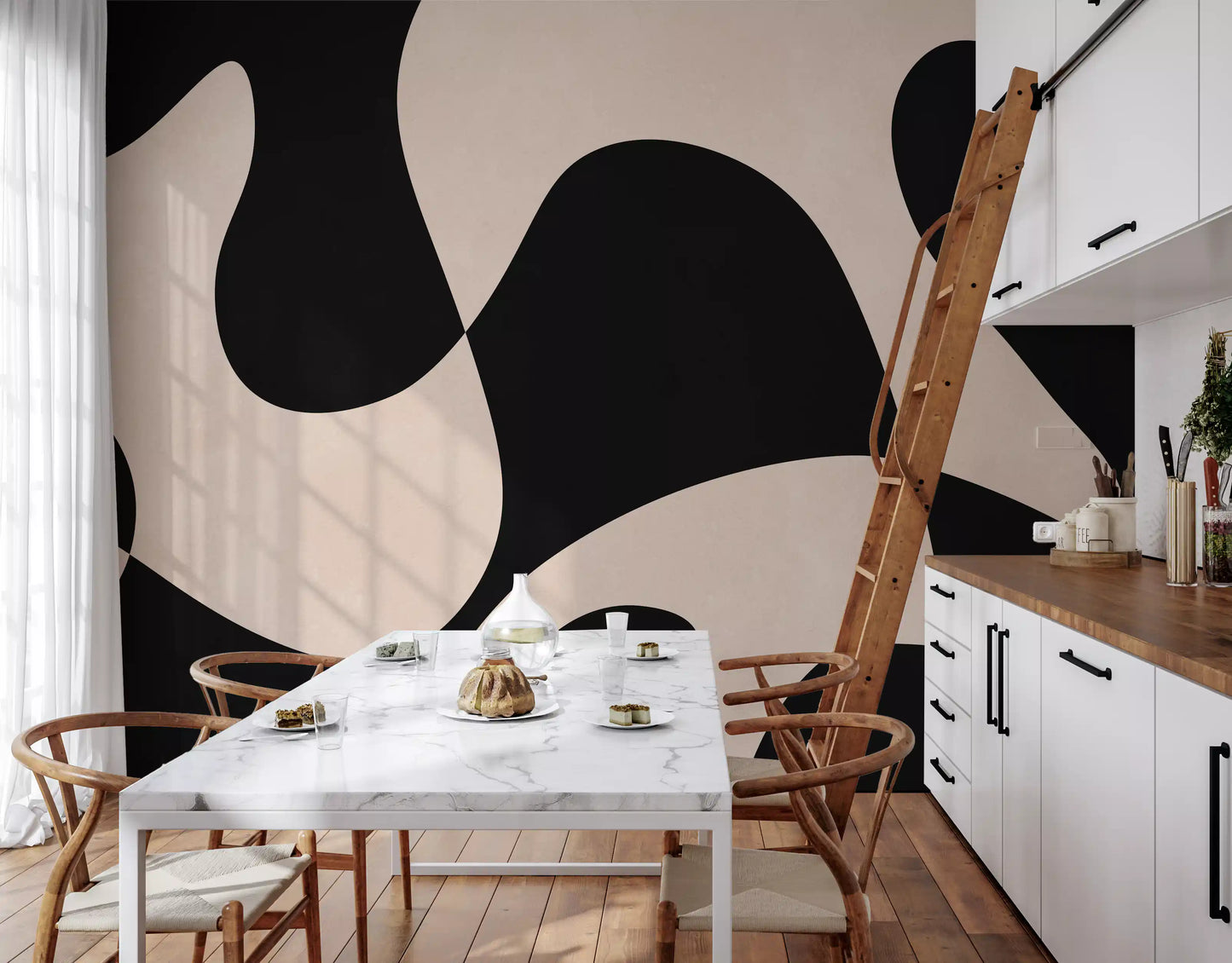 Dining room wall mural with monochromatic organic forms and smooth movement