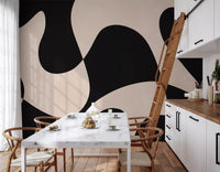 Dining room wall mural with monochromatic organic forms and smooth movement