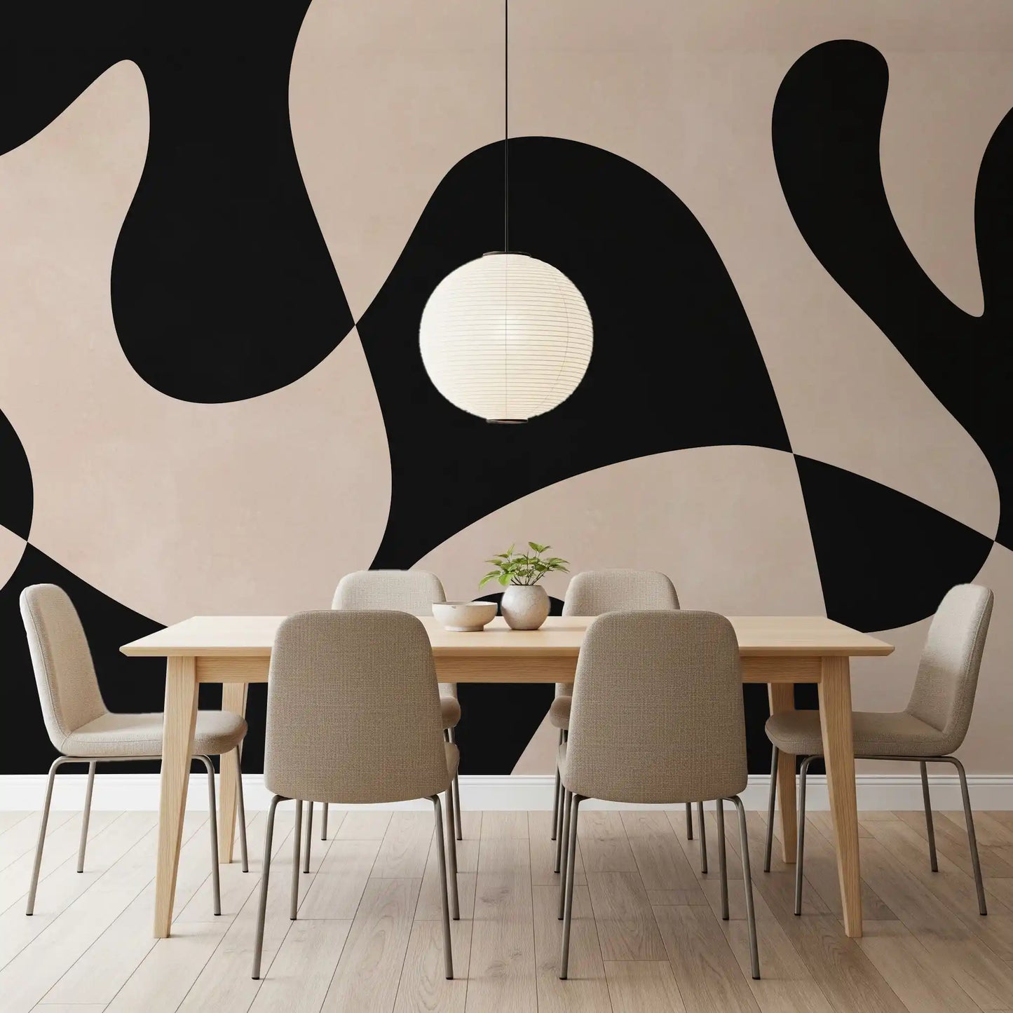 Dining room wall mural showing Organic Flow shapes on a soft cream background