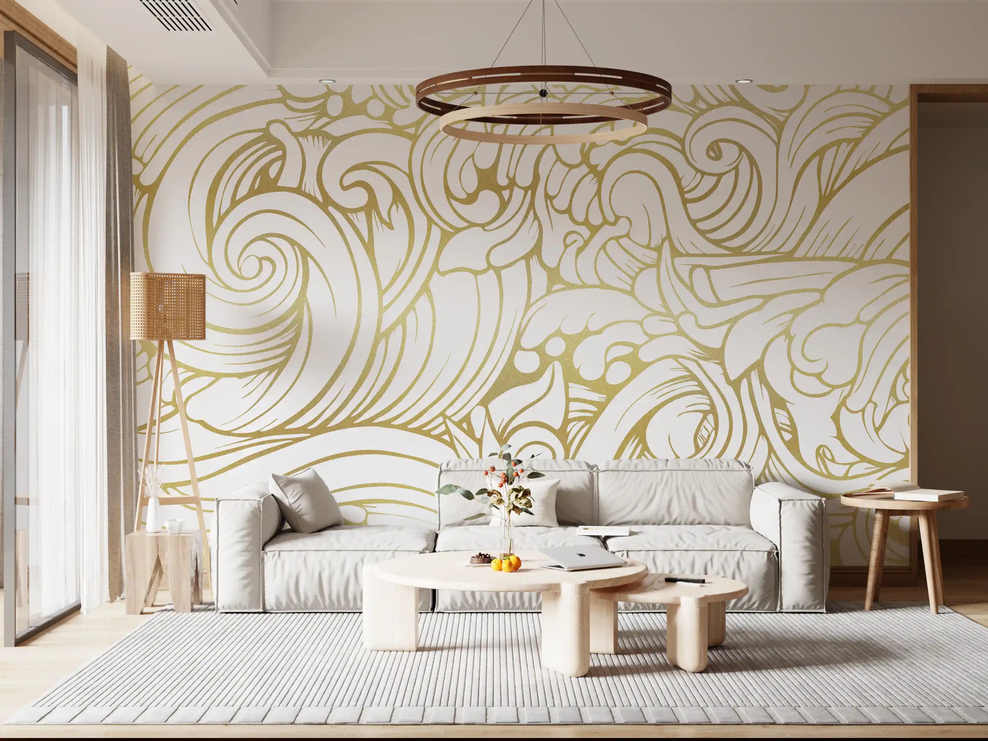 Living room Gilded Organic Flow Wall Mural with gold scroll line artwork