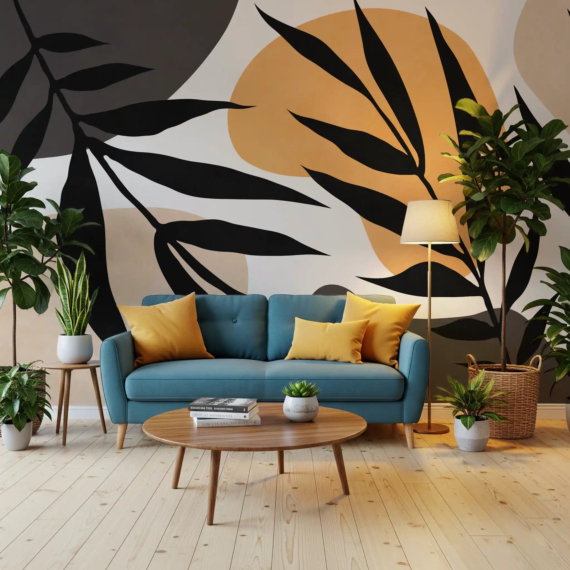 Modern botanical wall mural showing black stems against layered rounded forms