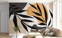 Organic leaf wall mural with sculpted silhouettes and muted earthy tones