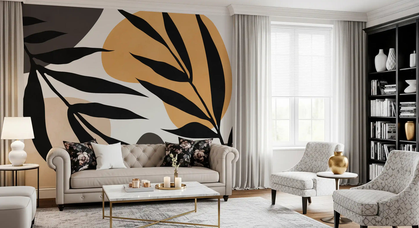 Living room Organic Silhouette Art Wall Mural in abstract botanical styling