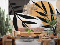 Abstract leaf wall mural with ochre blocks, cream background, and dark foliage