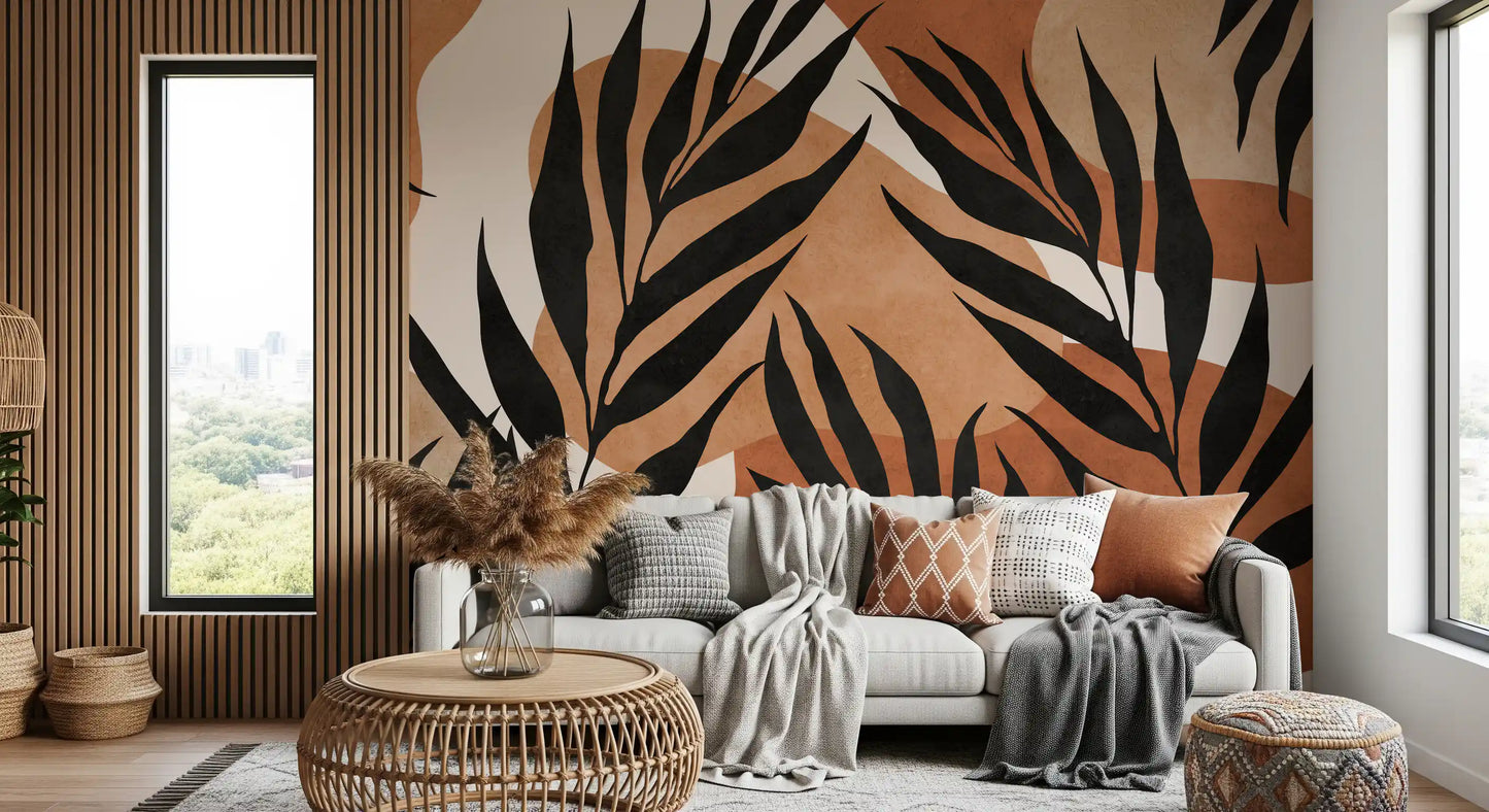 Living room Boho Leaf Flow mural with botanical silhouettes and tan tones