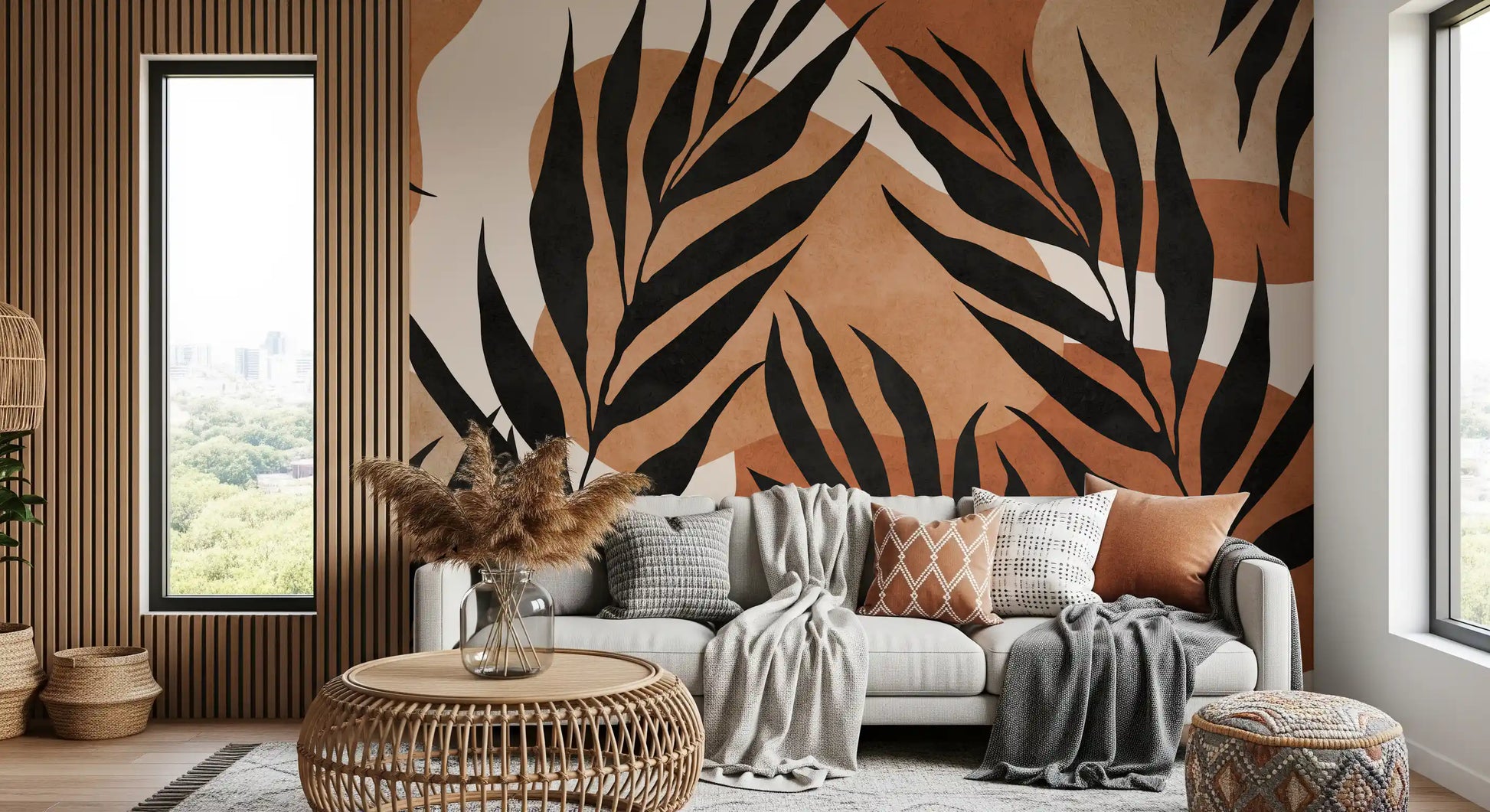 Living room Boho Leaf Flow mural with botanical silhouettes and tan tones