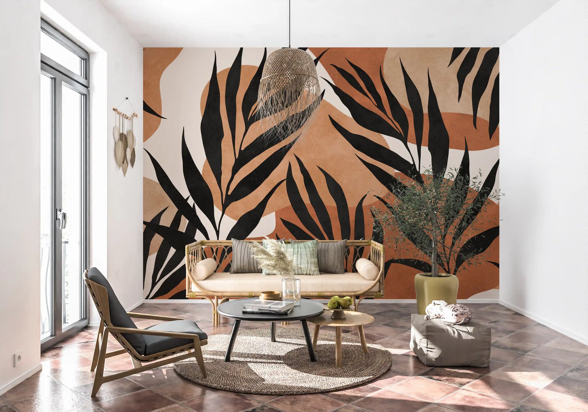 Boho leaf wall mural showing long plant forms across warm neutral layers