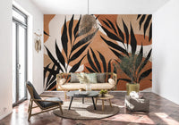 Boho leaf wall mural showing long plant forms across warm neutral layers