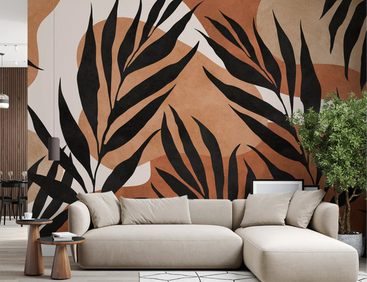 Living room Boho Leaf Flow wall mural with black leaves and clay shapes