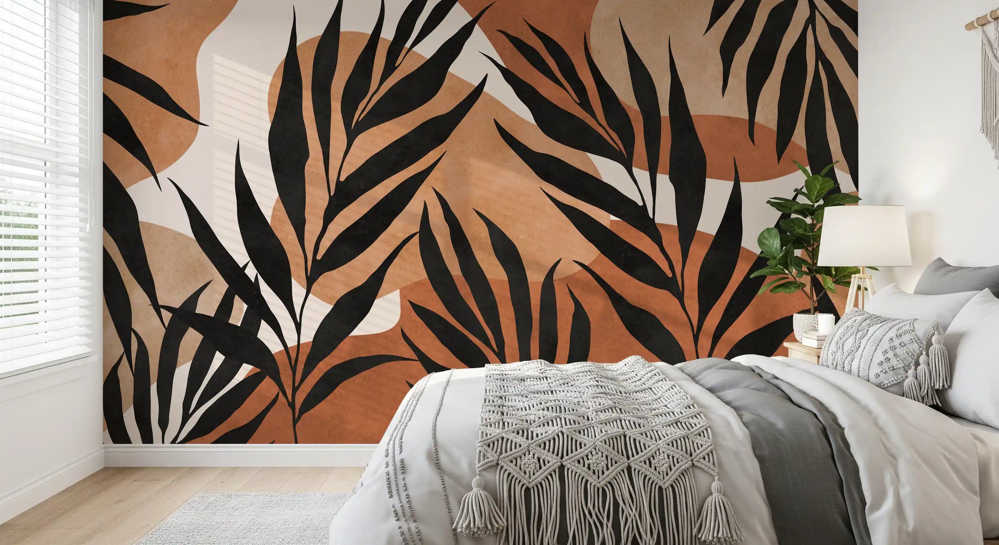 Leaf flow mural featuring organic stems, soft beige shapes, and dark detail
