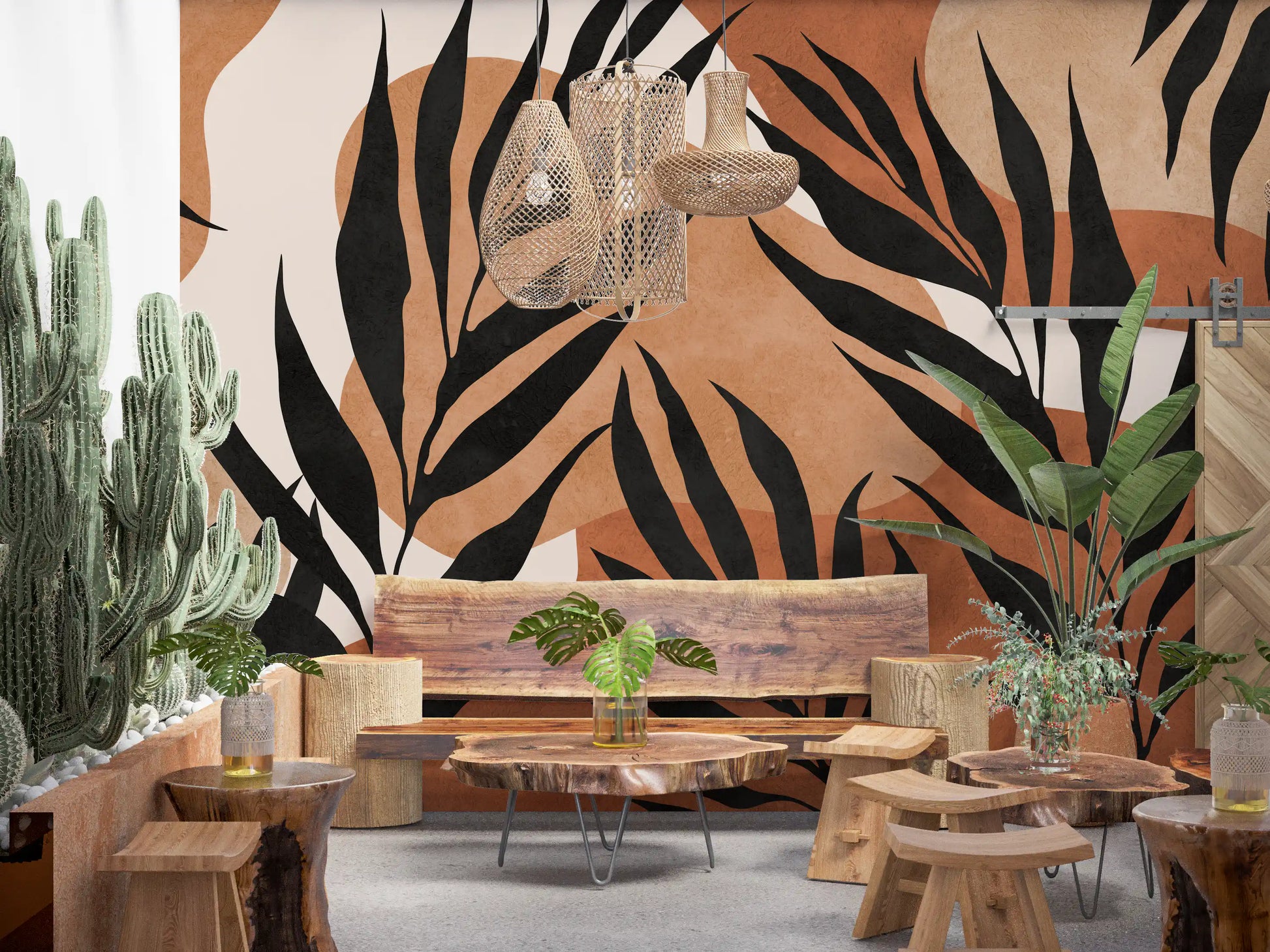 Cafe area Boho Leaf Flow Wall Mural showing earthy foliage layers