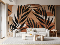 Earthy botanical mural with black leaves, cream gaps, and clay movement