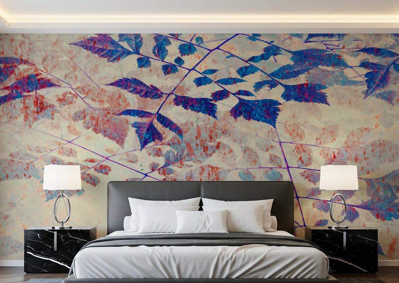 Bedroom Indigo Foliage wall mural with blue leaves and coral texture
