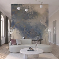 Pastel garden wall mural with soft blue foliage and light cream background