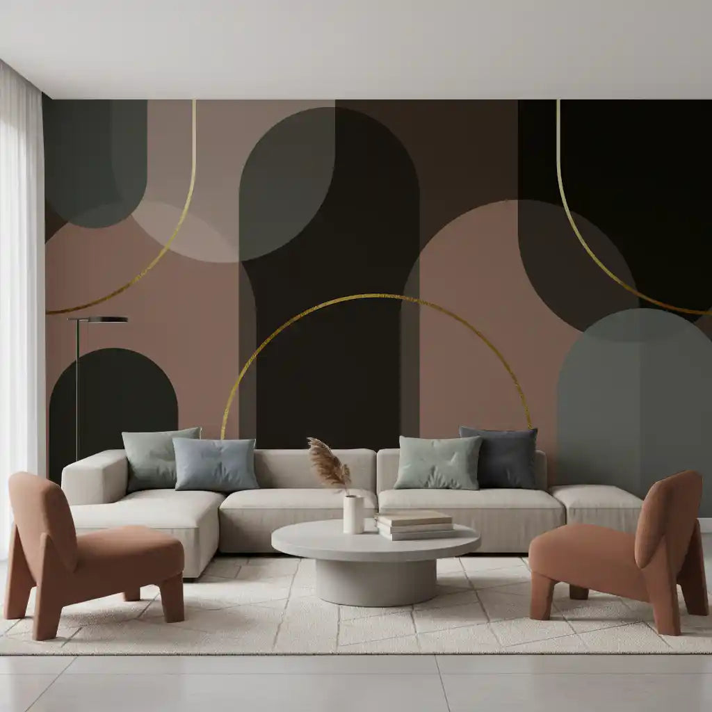 Geometric arch mural with dark forms, soft overlays, and gold accents
