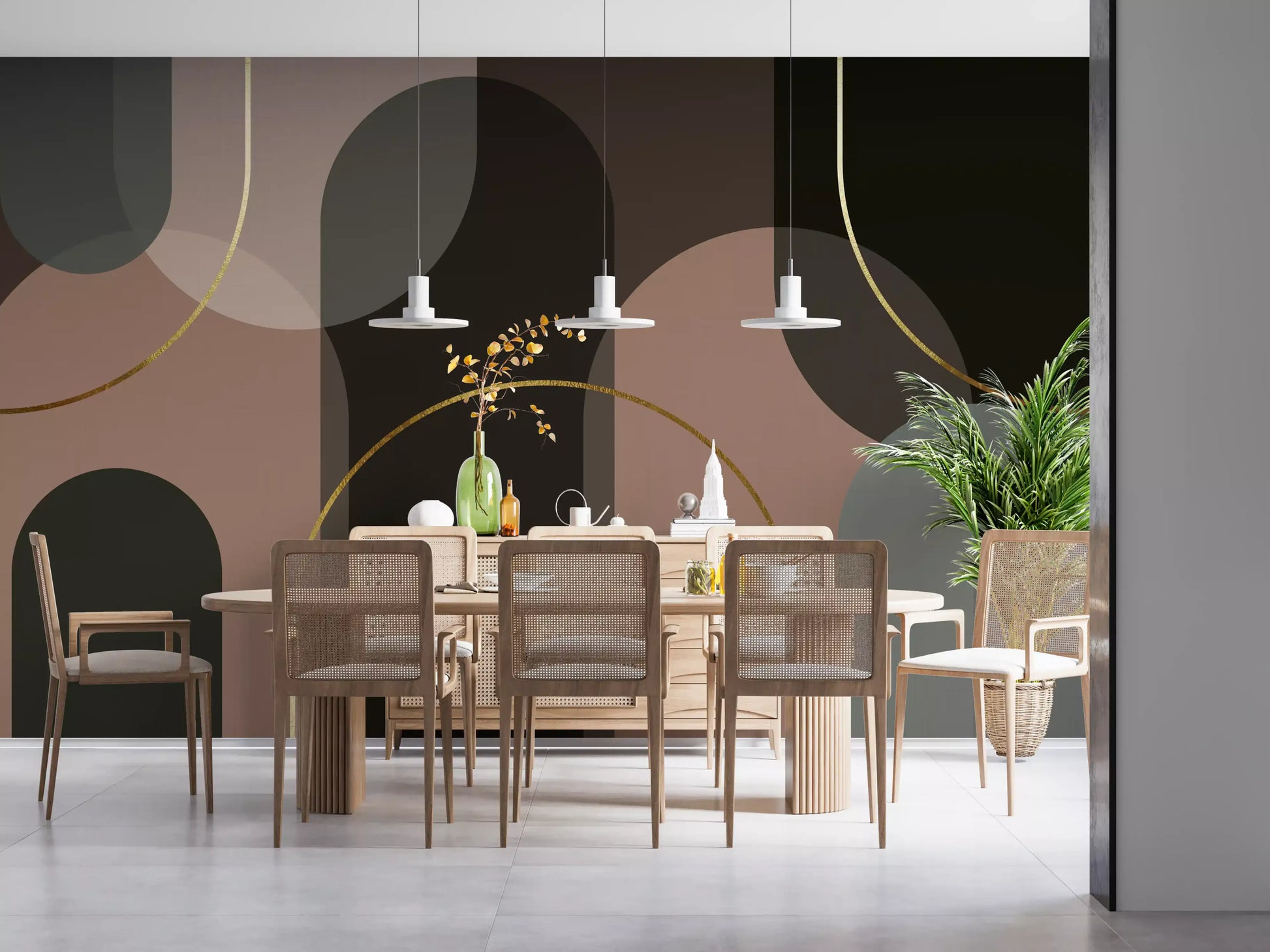 Golden Arches in Muted Hues Wall Mural with rounded overlays and dark shapes