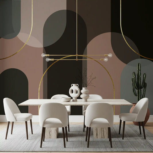 Dining room Golden Arches wall mural with muted blush and dark arch forms
