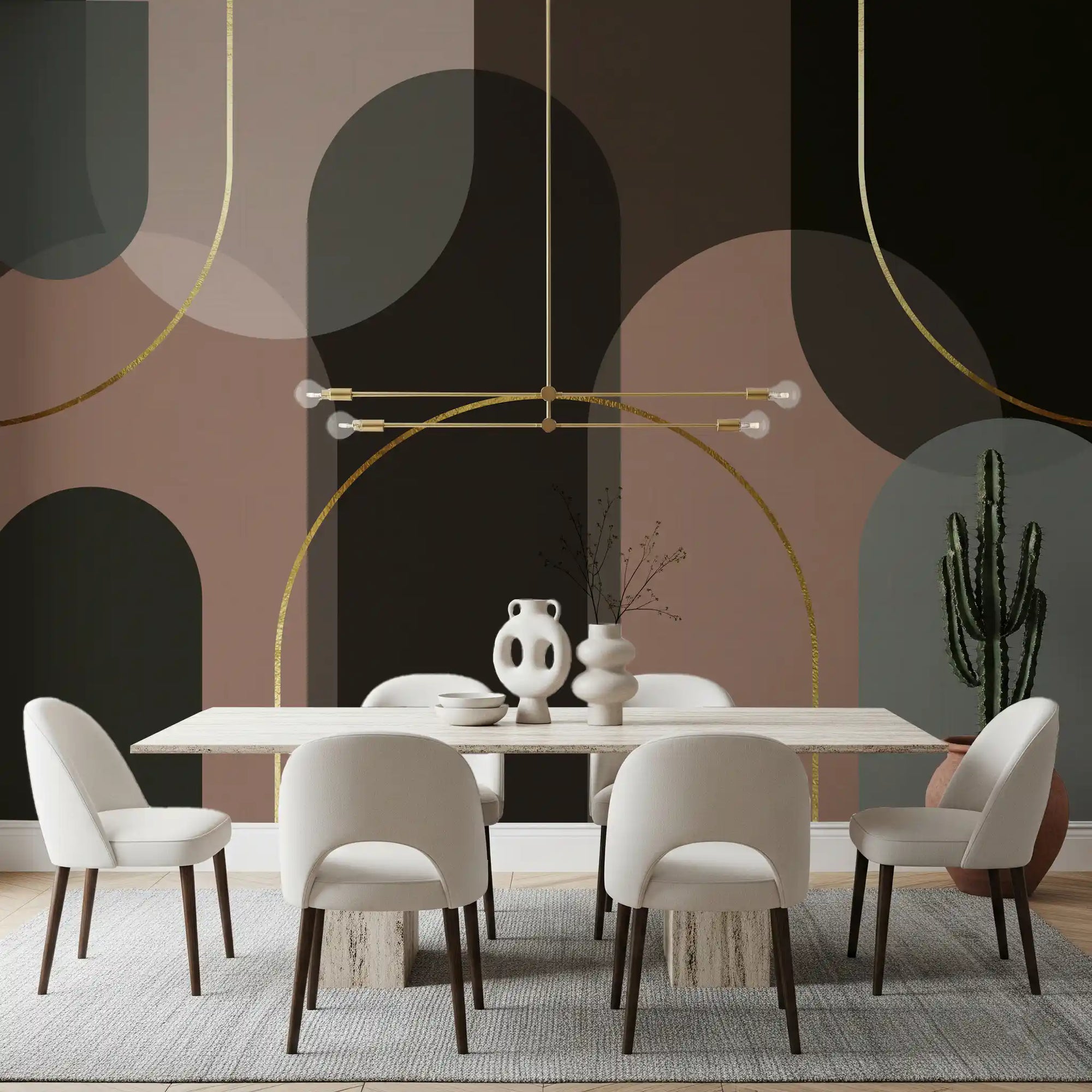 Dining room Golden Arches wall mural with muted blush and dark arch forms