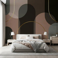 Bedroom Golden Arches mural featuring blush panels and charcoal blocks