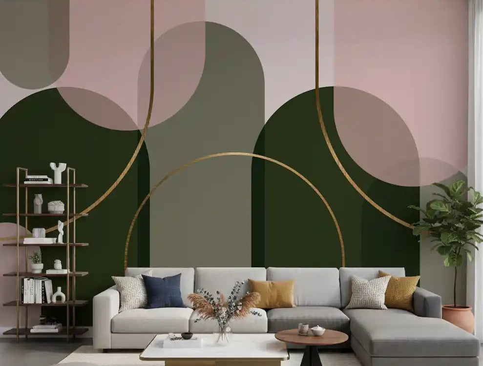 Living room Arch Harmony wall mural with sage arches and blush abstract forms