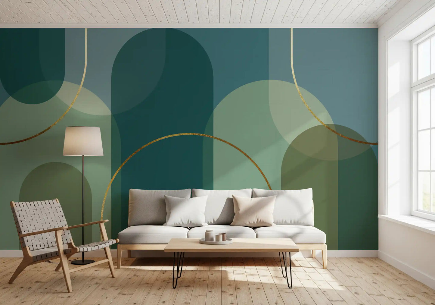 Modern wall mural with sage overlays, bronze arcs, and geometric depth