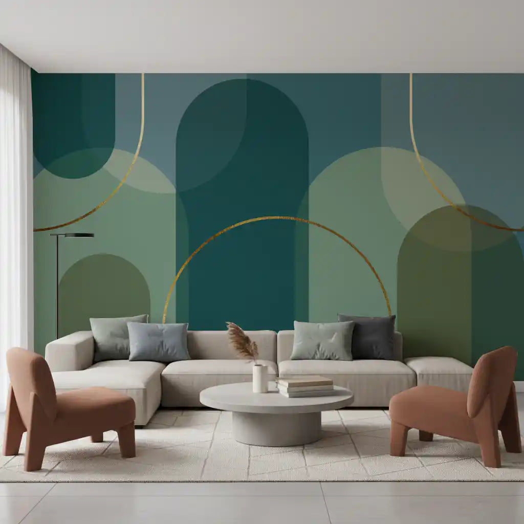 Living room wall mural with Emerald Arches and bronze curved detail