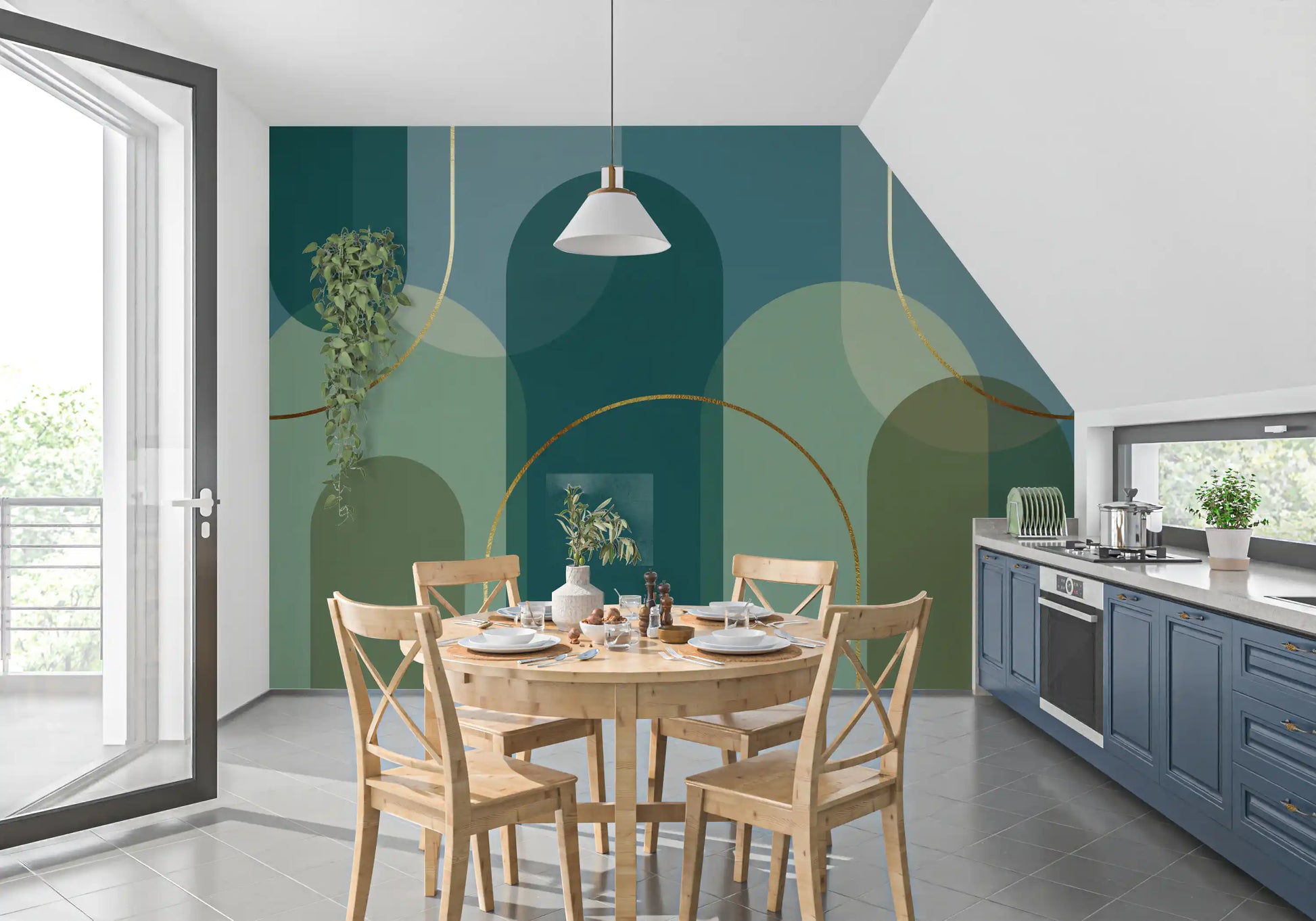 Geometric mural design showing bronze linework and layered green forms