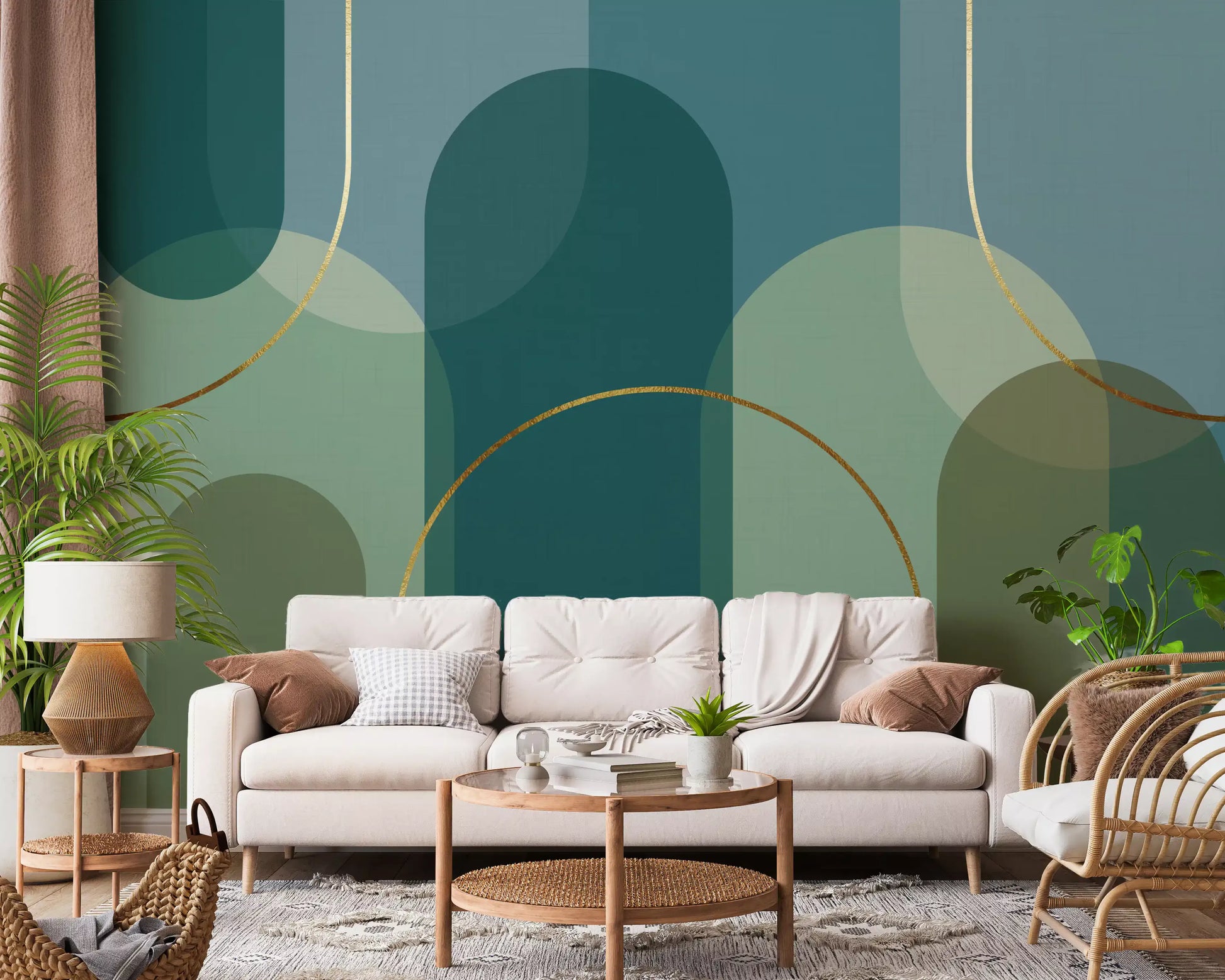 Living room mural with Arches geometry and fine bronze line accents