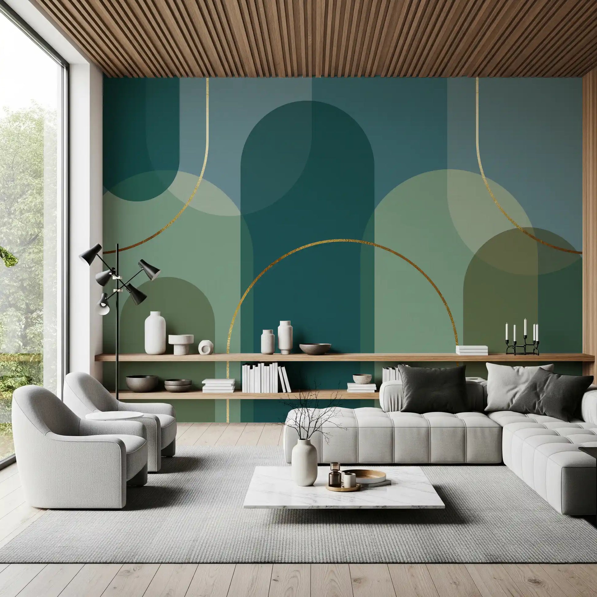 Emerald Arches wall mural with dark teal shapes and metallic curves