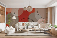 Living room wall mural with bold earthen arches and curved terracotta forms