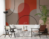 Modern wall mural with clay red panels and sweeping curved black accents