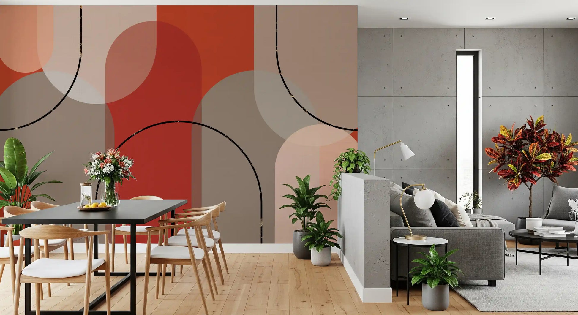 Rounded abstract wall mural with earthen colour blocks and blush depth