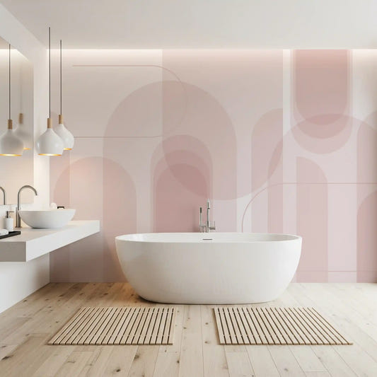 Bathroom wall mural with Blush, Arc, and Flow pink arch styling