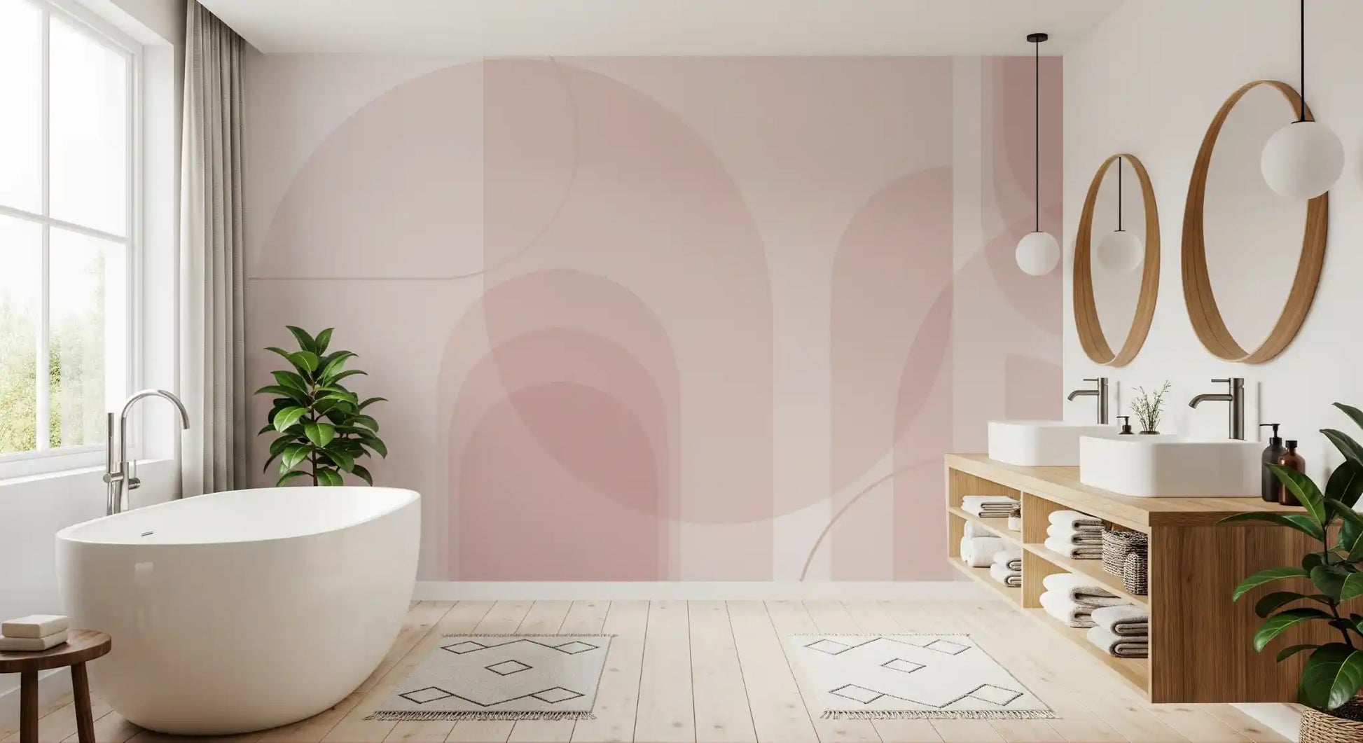 Bathroom wall mural using Blush Arc Flow pattern and pale pink layers