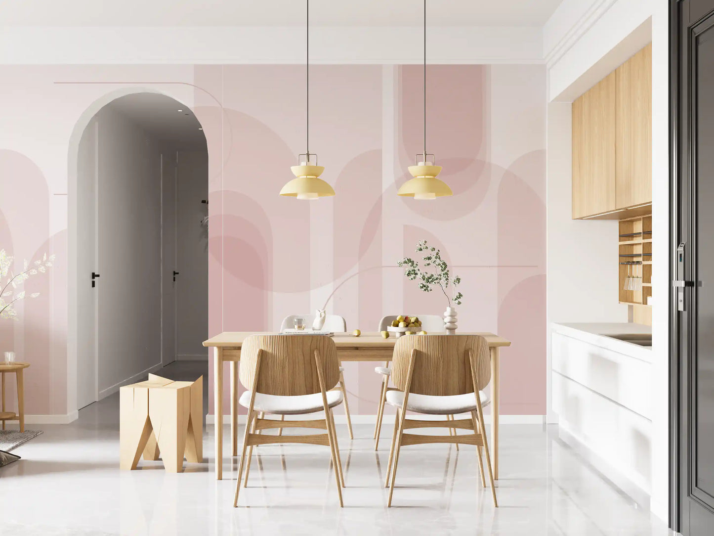 Soft abstract wall mural with Blush, Arc, and Flow design elements