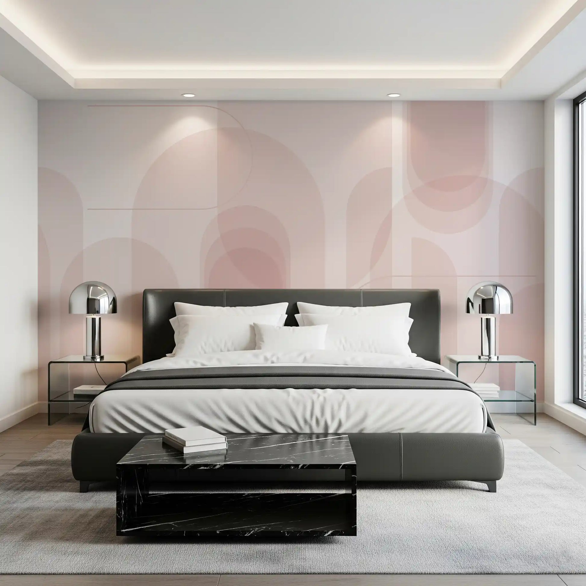 Bedroom mural showing Blush Arc shapes with soft Flow line detail