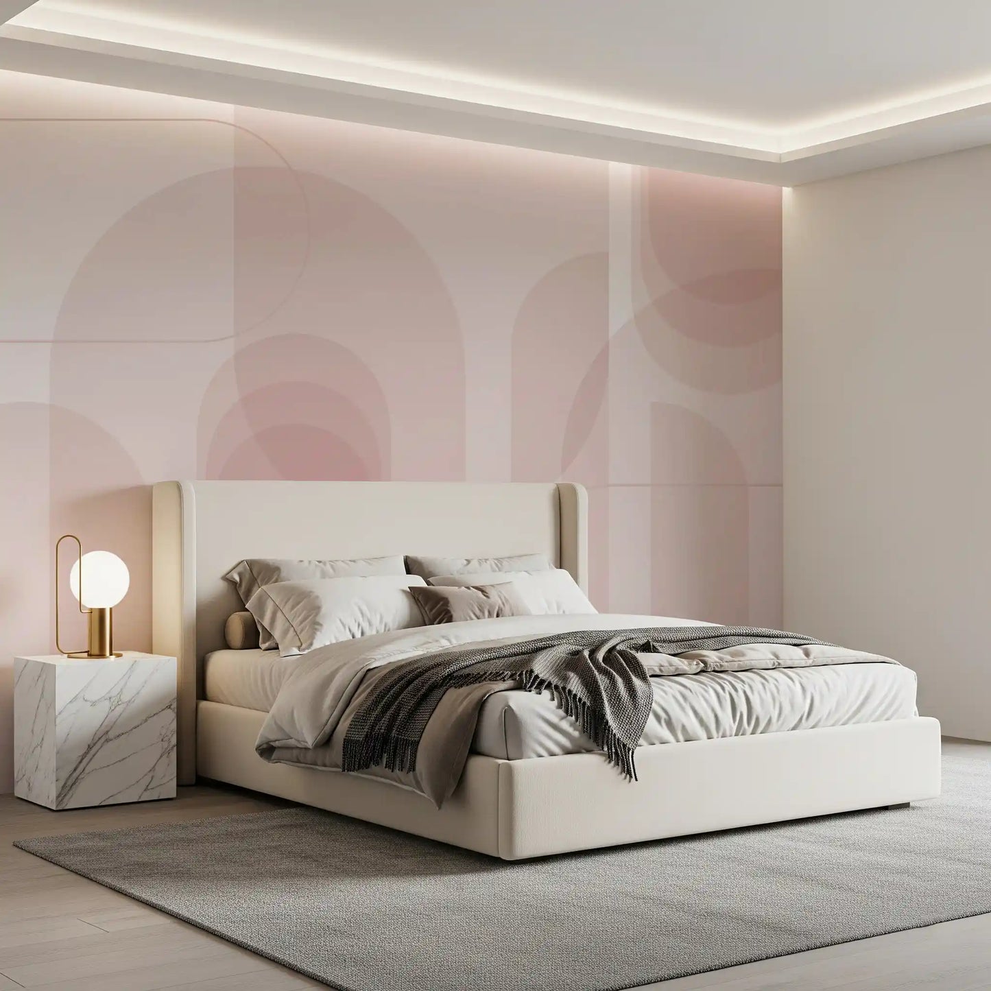 Modern wall mural showing Flow lines, Blush tones, and layered Arc forms