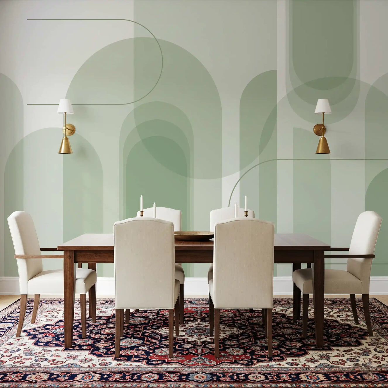 Dining room Sage Serenity Arches Wall Mural showing muted curves and pale sage layers
