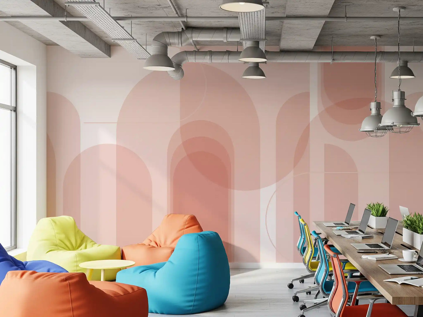 Rose abstract wall mural with overlapping curves and clean architectural rhythm