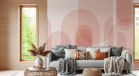 Living room wall mural featuring Blush Geometric Harmony in warm arches