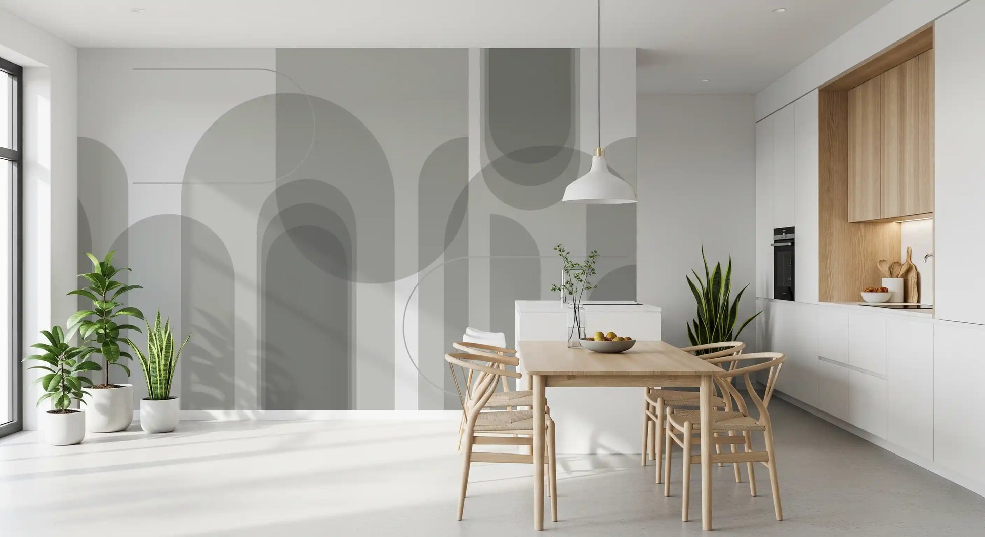 Kitchen area wall mural with layered grey arches and fine curved line detail