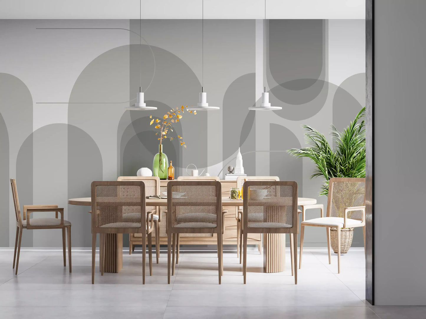 Grey arches wall mural design with layered curves and subtle line accents